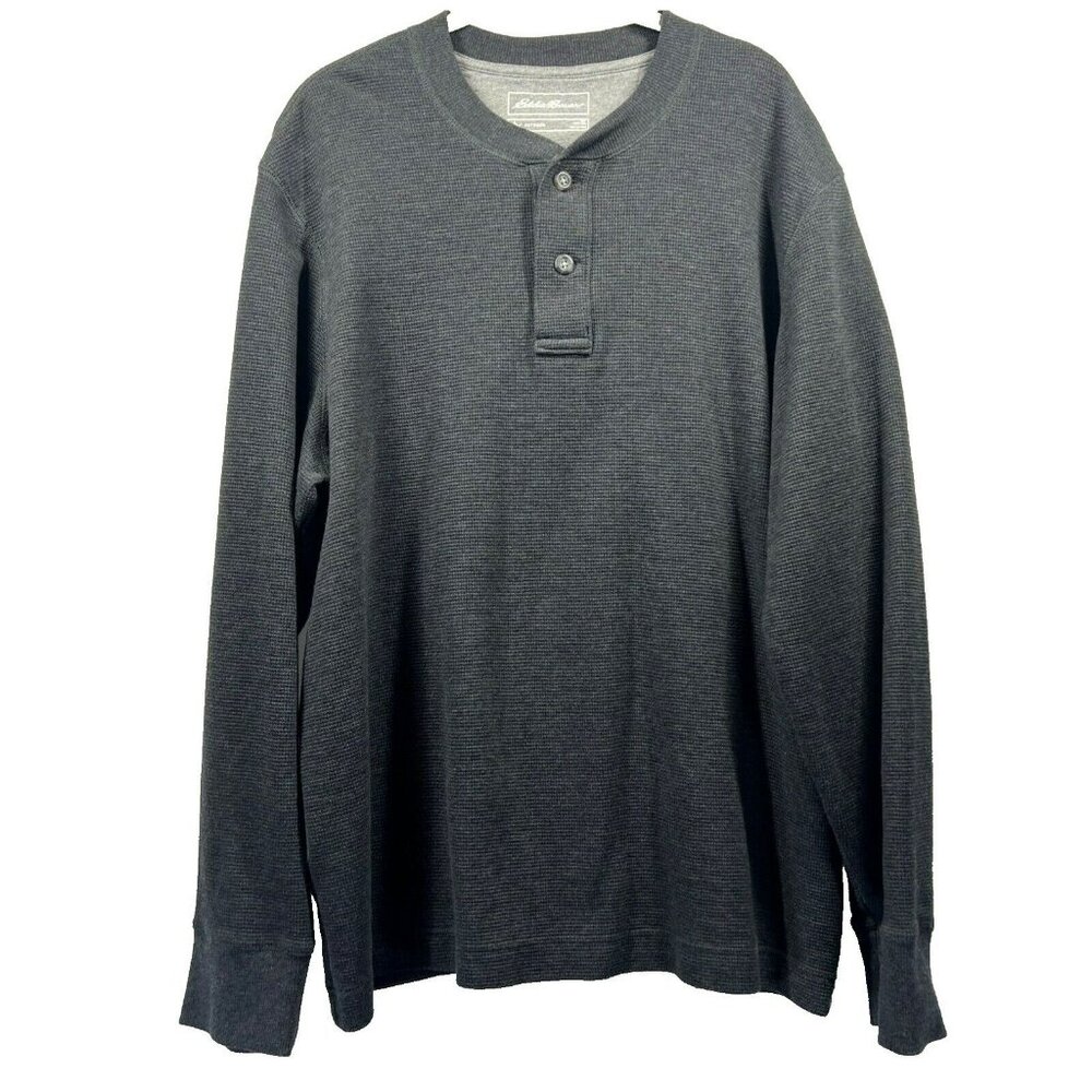 Eddie Bauer Outdoor Men Shirt Size XL Gray Waffle Knit Pullover Polo Long Sleeve